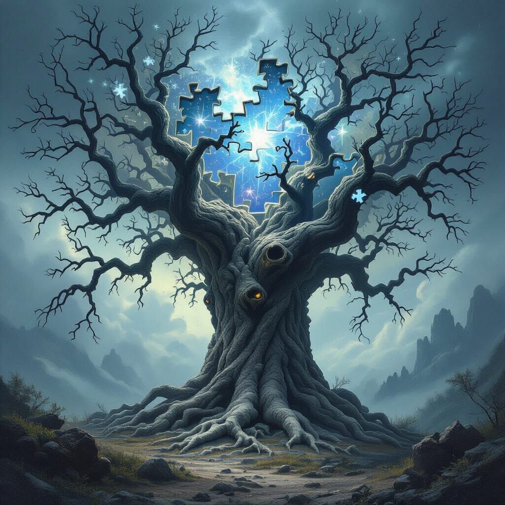 Ancient Tree With Cosmic Rifts, Beksinski & Giger Style