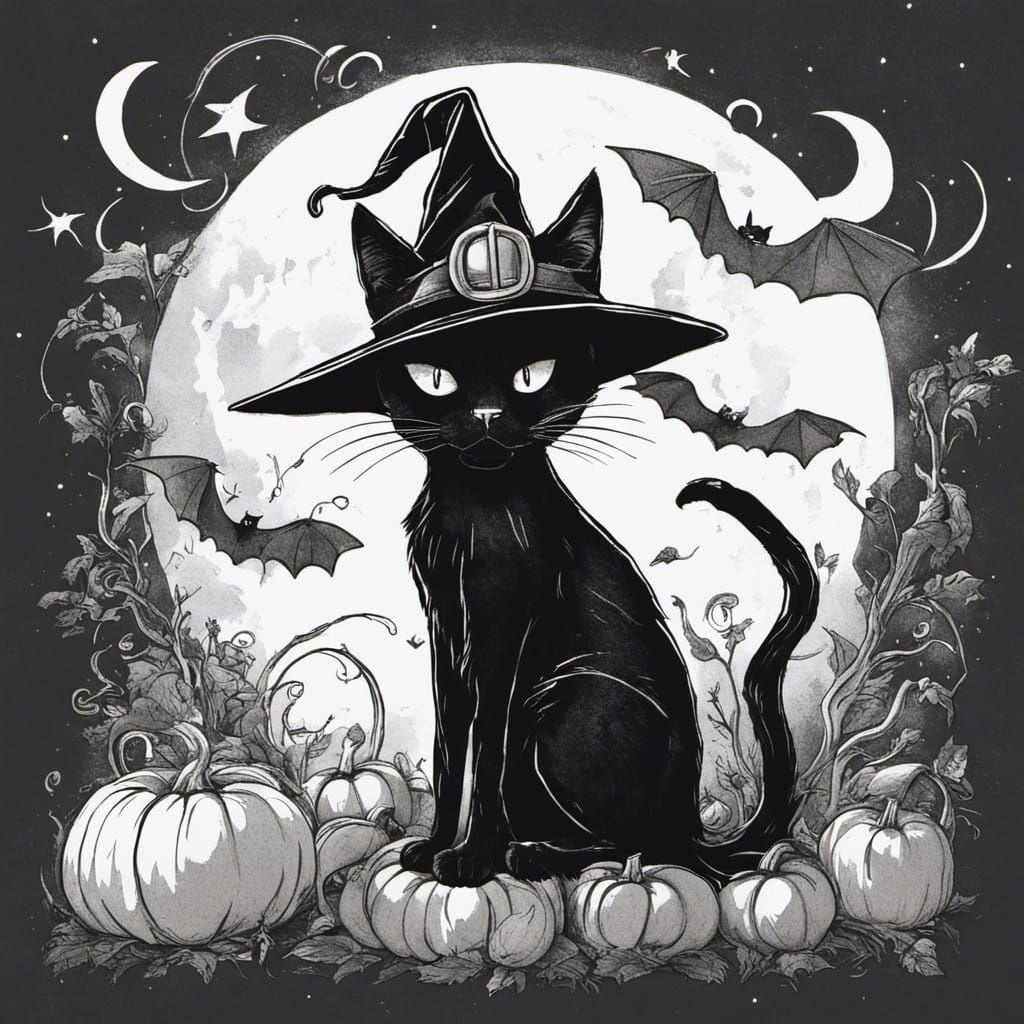 Black Cat Witch Hat Ink Drawing