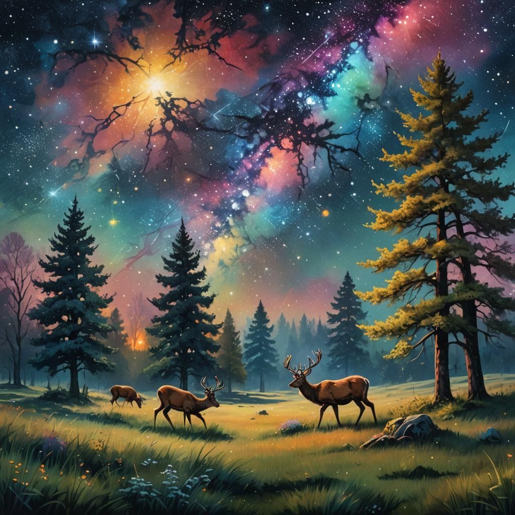 Impressionist Deer Grazing Under Starry Night Sky