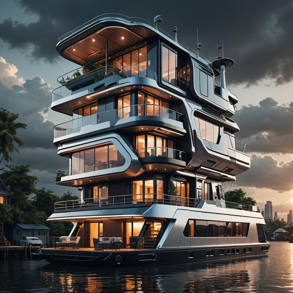 Hyperrealistic Futuristic Houseboat Concept Art
