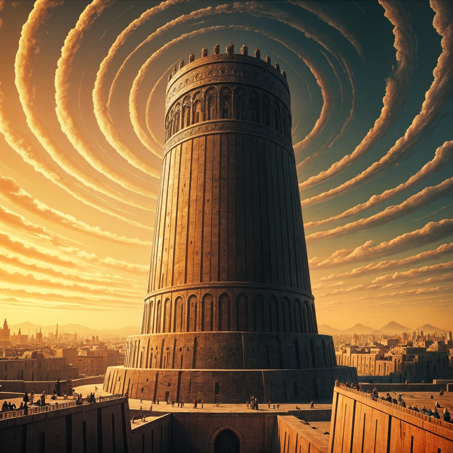 Ancient Mesopotamian Tower in a Whirling, Golden Sky