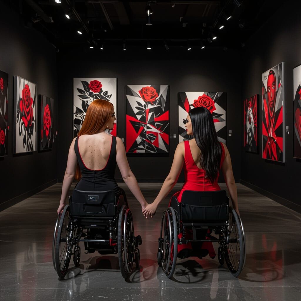 Two Women in Wheelchairs Holding Hands in Art Gallery