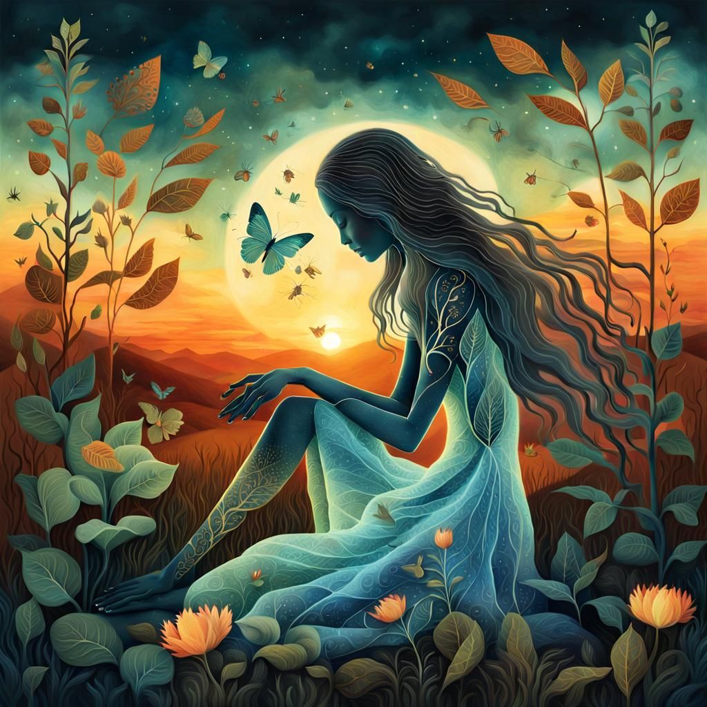 Bio Art Collage: Woman, Broken Heart, Sunset