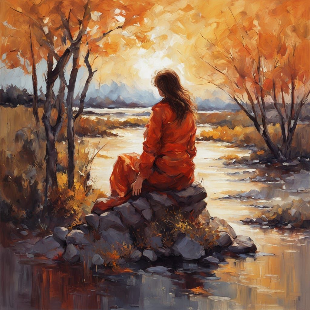 Gouache Painting of Woman by Sunlit Riverbank