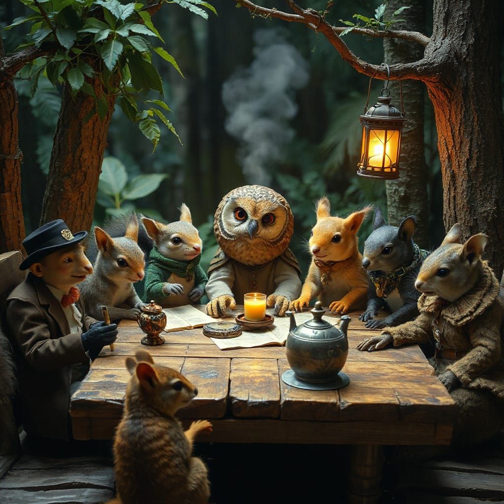 Steampunk Animals in Enchanted Forest, Vintage Film Style