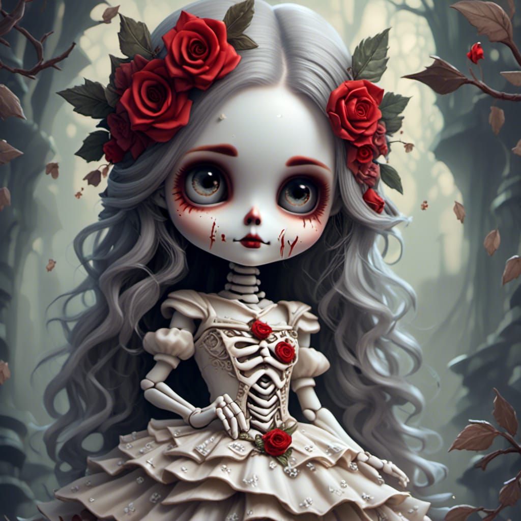 Chibi Skeleton Girl with Roses, Big Eyes