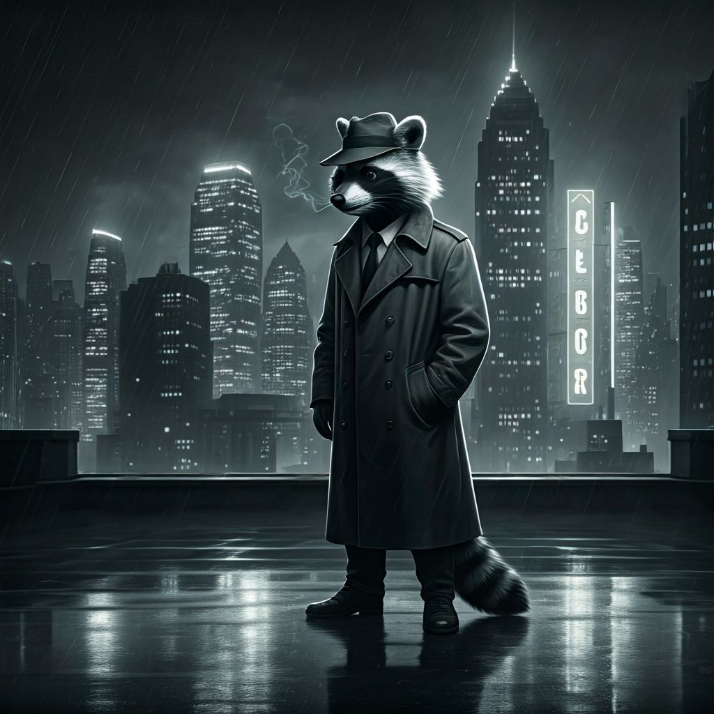 Noir Raccoon Detective on Rooftop Overlooking City at Night