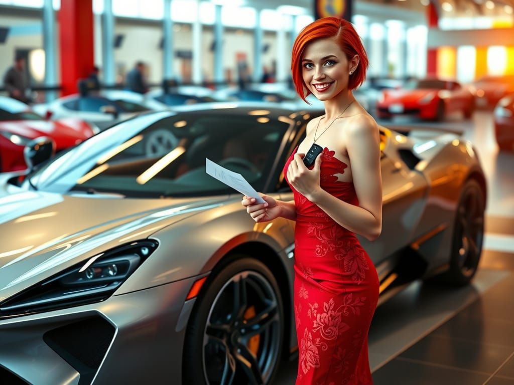 Vibrant Redhead Beside Sleek Silver Supercar