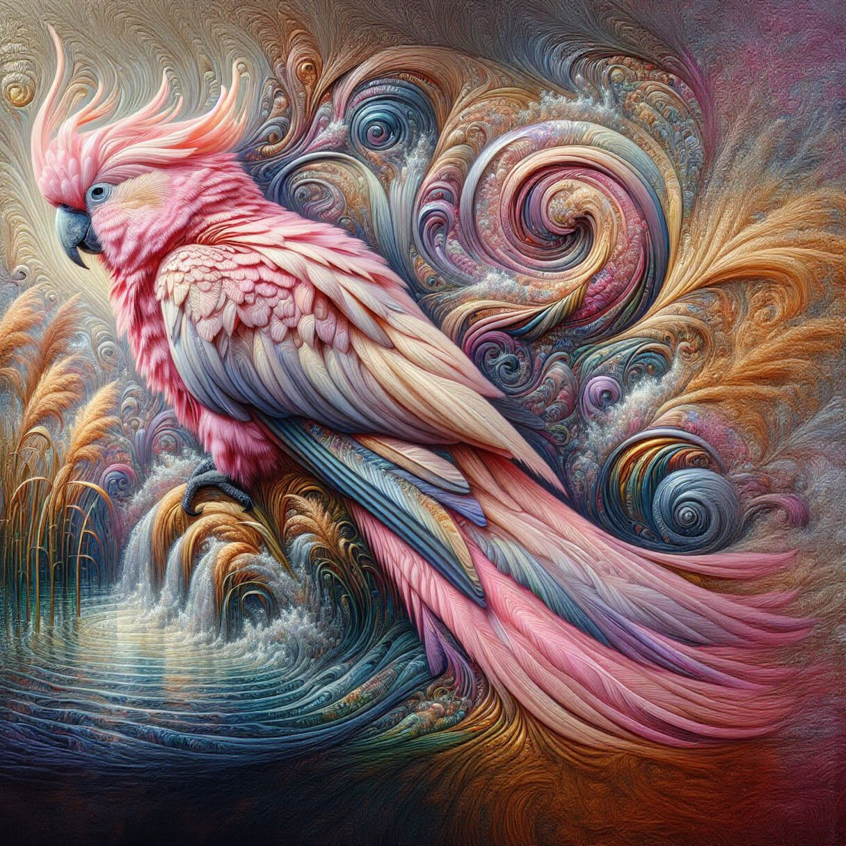 Pink Cockatoo Oil Painting in Art Nouveau Style