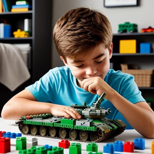 Photorealistic Boy with Futuristic Lego Tank