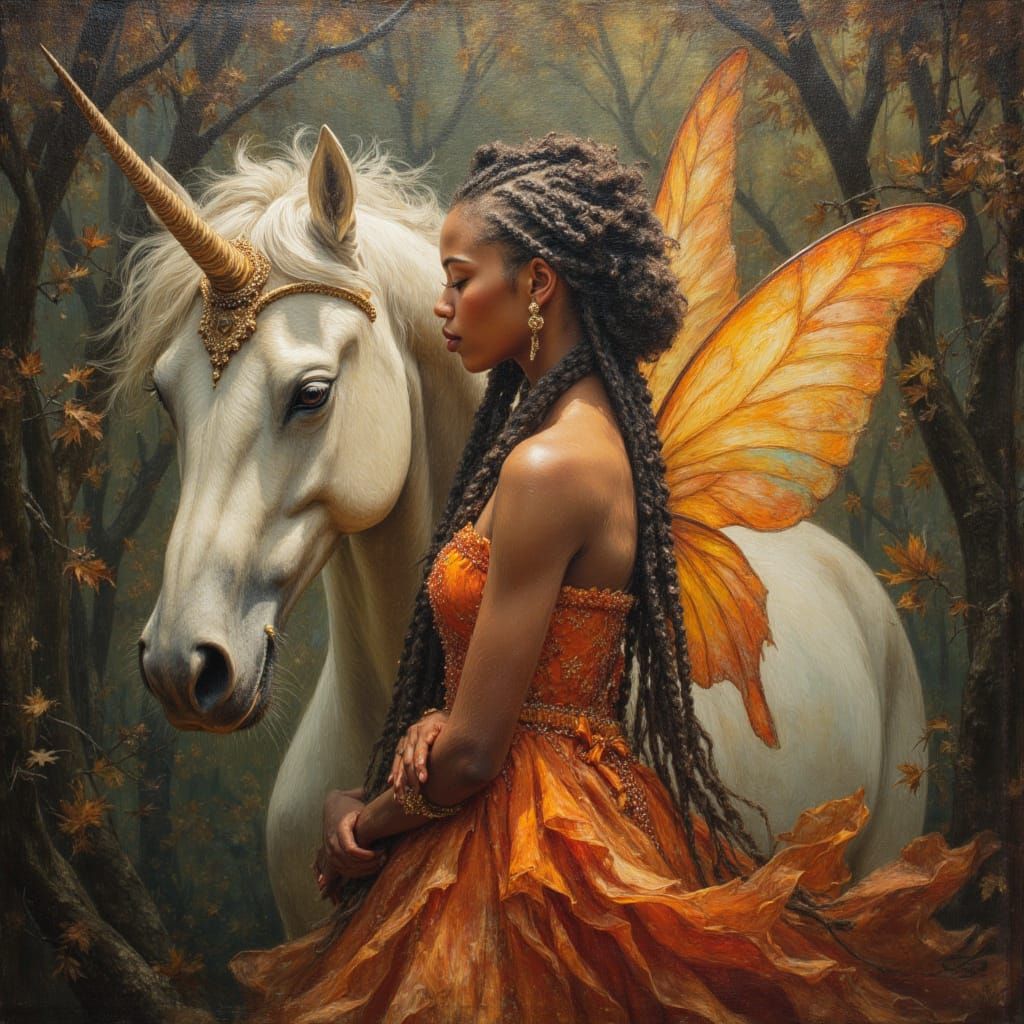 African American Model with Unicorn in Haunted Forest