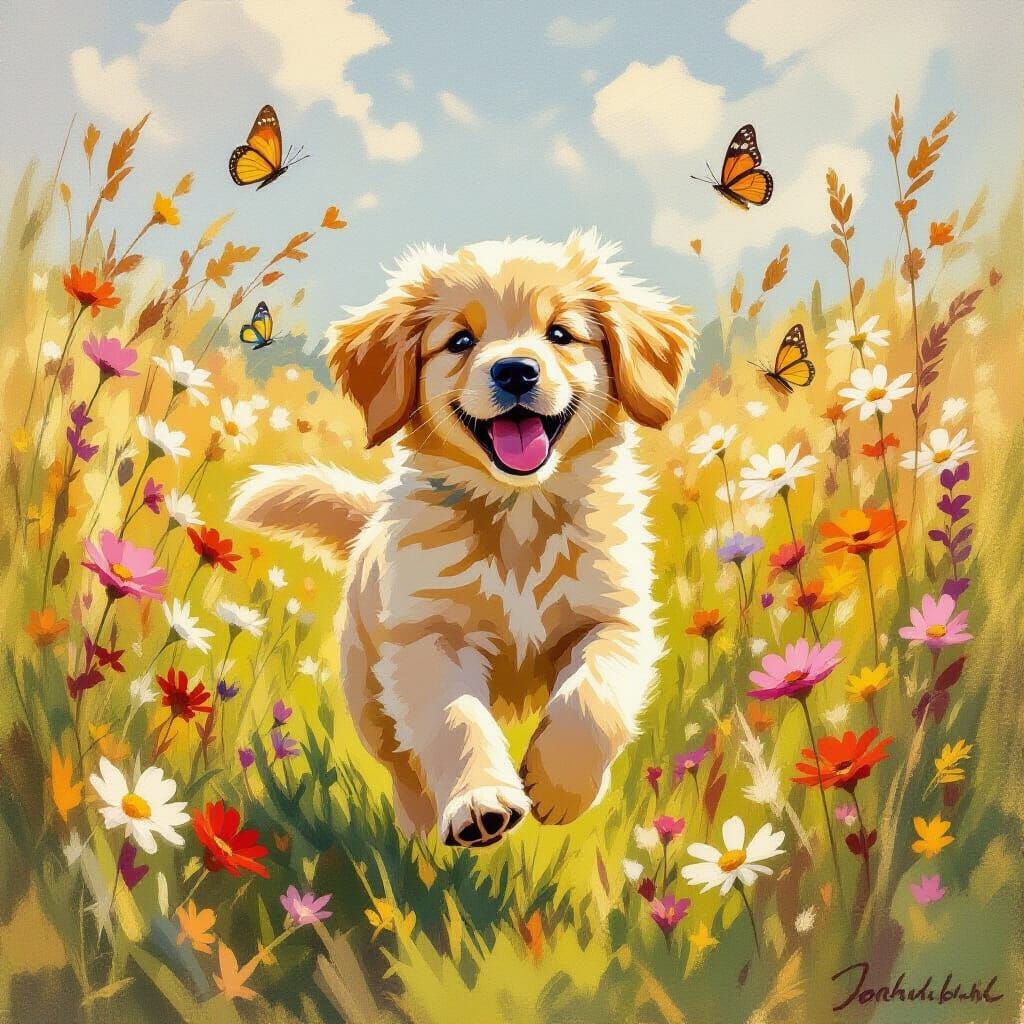Golden Retriever Puppy in Impressionist Meadow