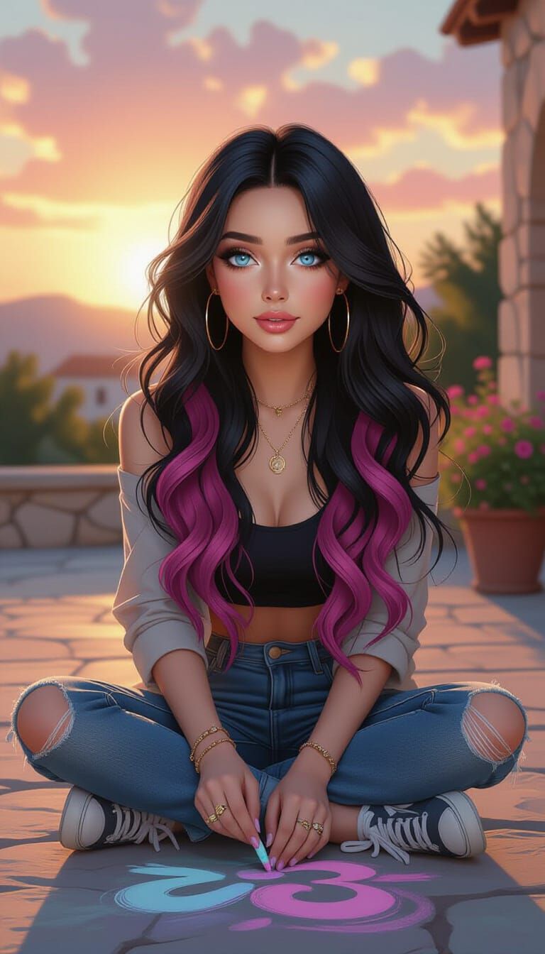 Woman Creating Chalk Art in Manga-Inspired 3D Style