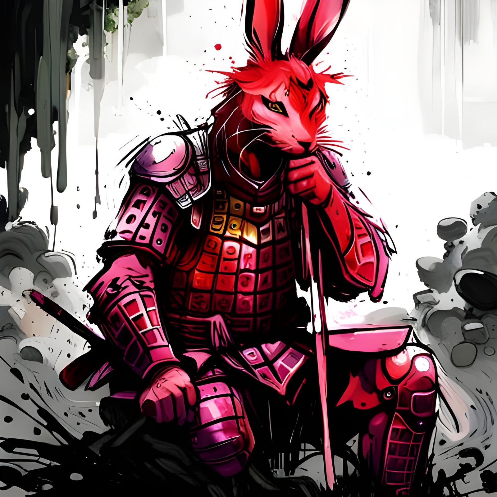 Armored Samurai Rabbit Under Waterfall in Splash Art Style