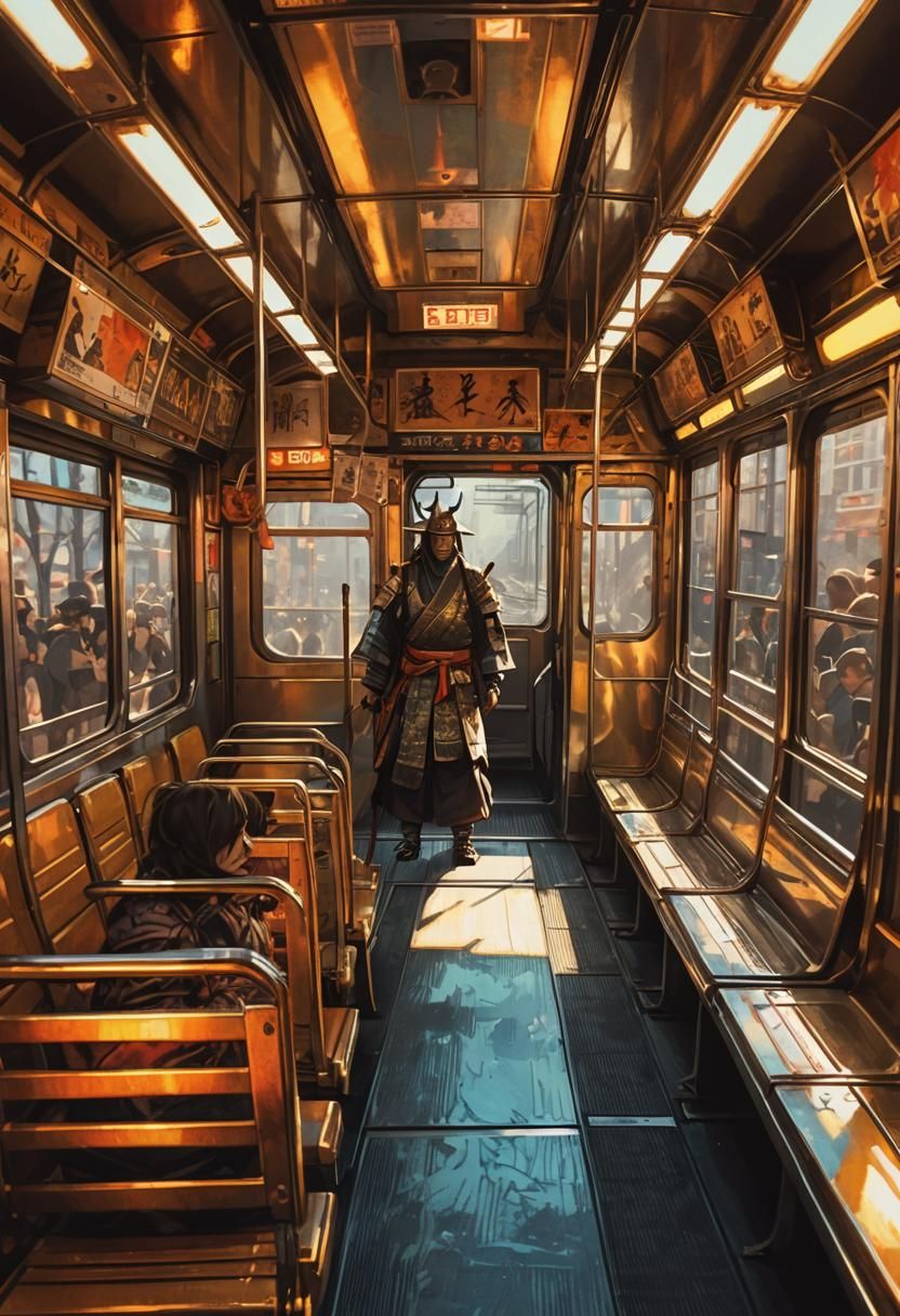 Ancient Samurai on Tram in Comic Book Style