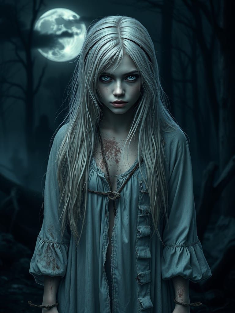 Ethereal Portrait of a Haunted Woman in Dark Forest