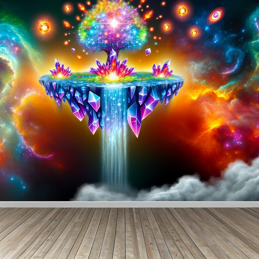 Glowing Floating Island Mural in Cosmic Sky