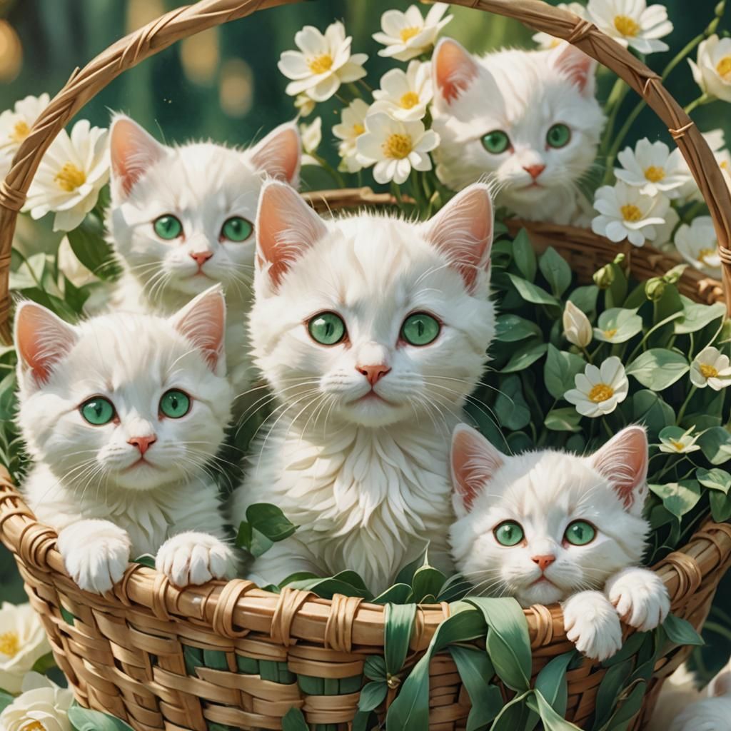 Whimsical Kittens in Basket: Watercolor Fantasy Art