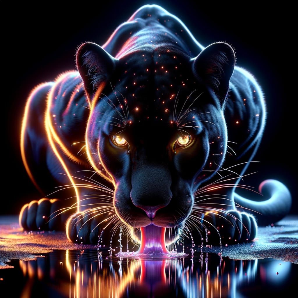 Hyperrealistic Panther Licking Water in Bioluminescent CGI A...