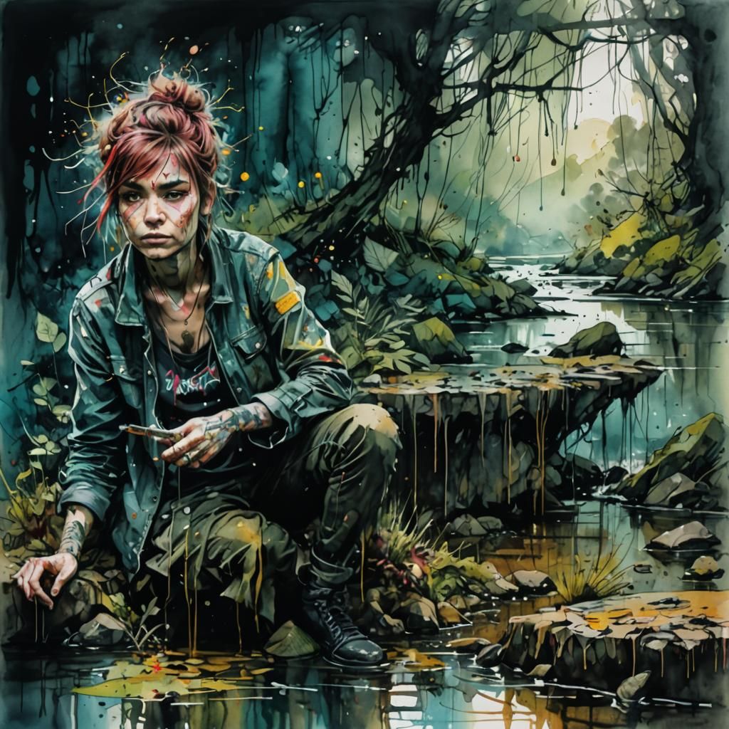 River in Punk Ink Watercolor Style