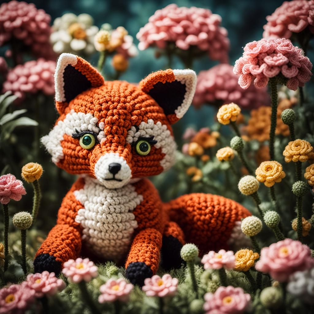 Crocheted Fox Doll Among Flowers: Cinematic Still