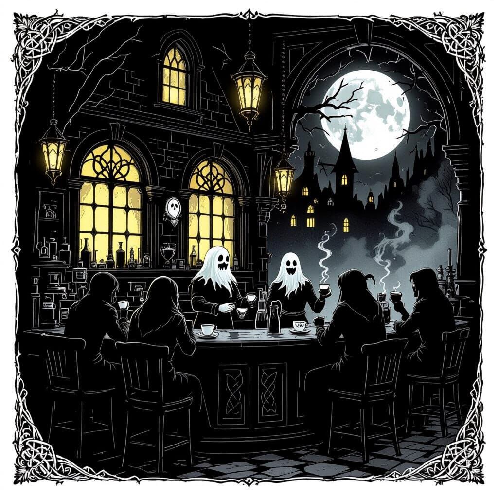 Spooky Moonlit Coffeehouse Illustration in Celtic Style
