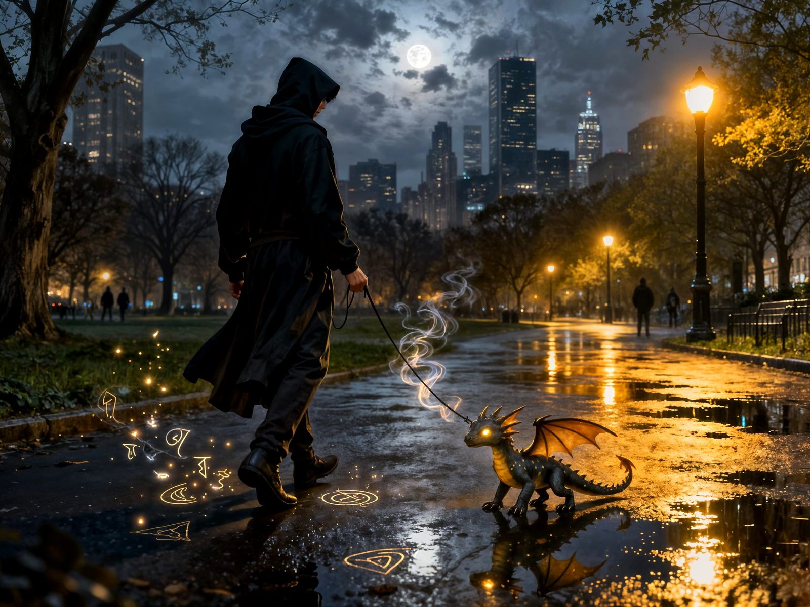 Wizard Walks Dragon Pet in Magical City Park at Night