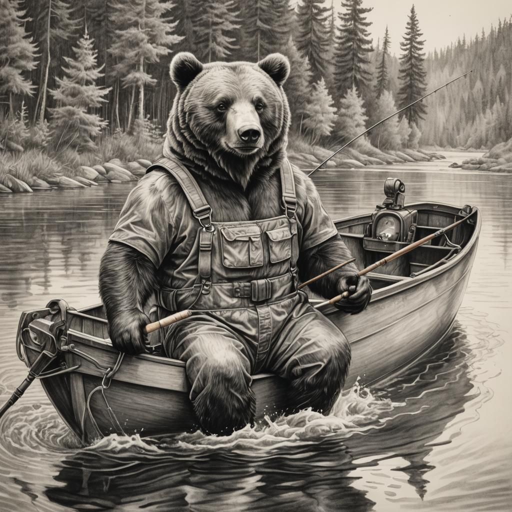 Bear Fishing in Boat: Detailed Pencil Drawing