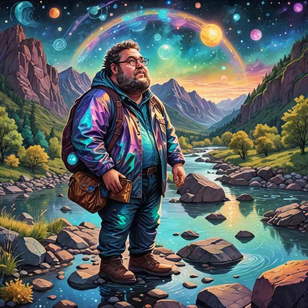 Man Rock Searching by River: Astral Illustration