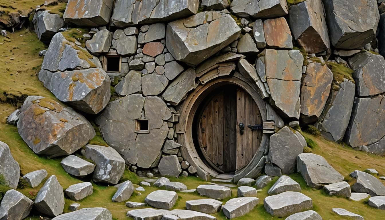 Hidden Hobbit Hole Entrance on Rocky Cliffside