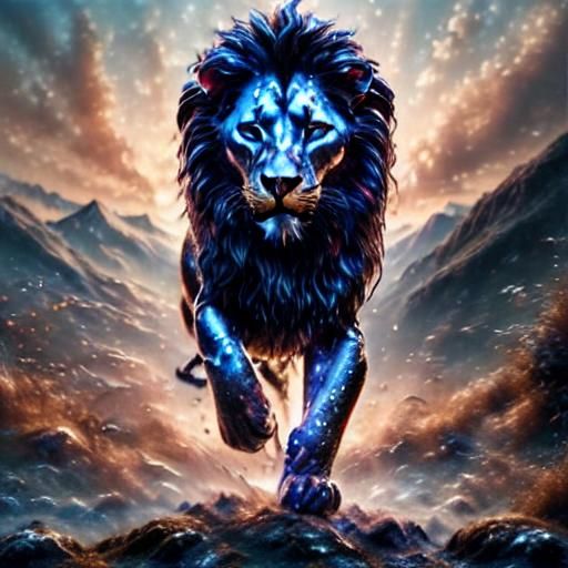 Fiery Lion Running on Dark Mountain