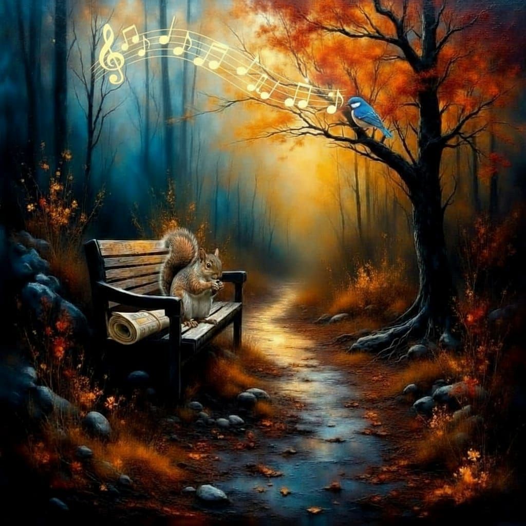 Impasto Oil Painting of a Rustic Bench in Golden Autumn Ligh...