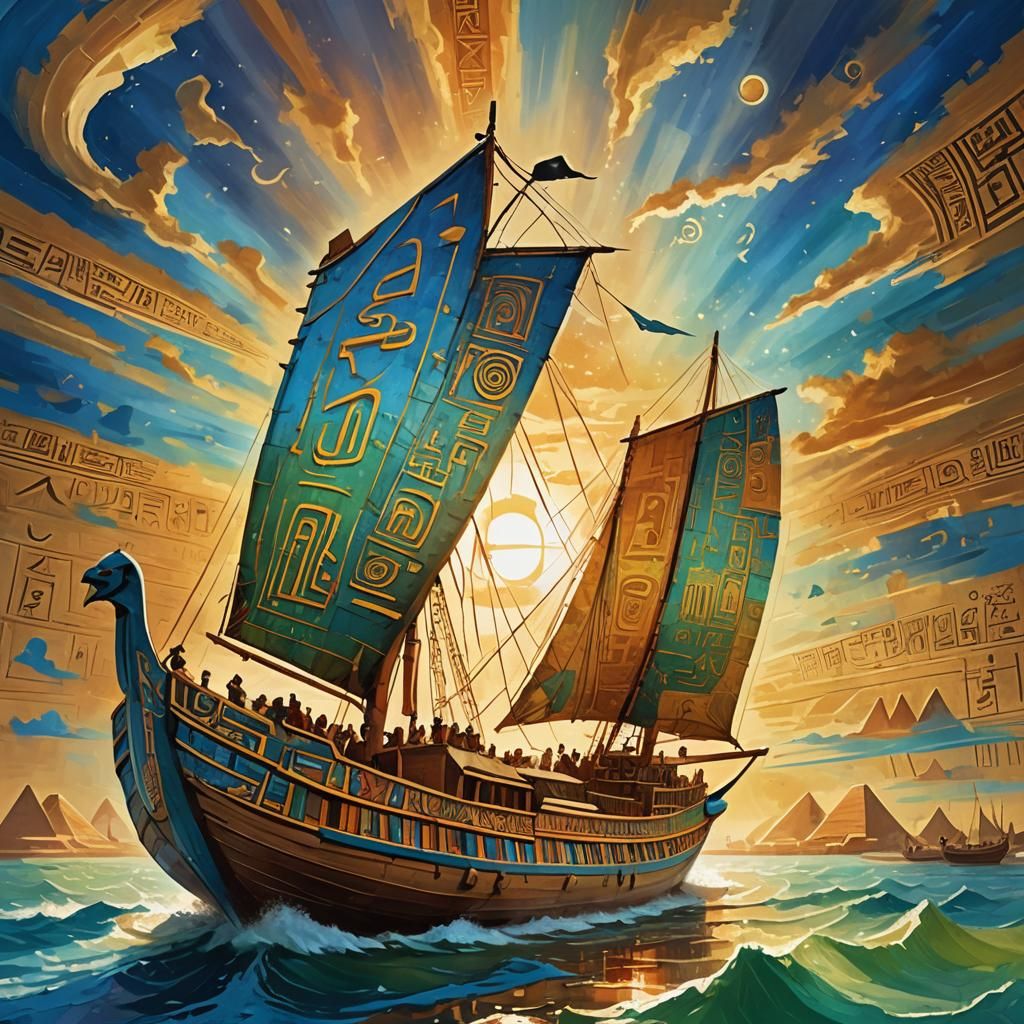 Ra's Barge Sails Across Sky in Abstract Art