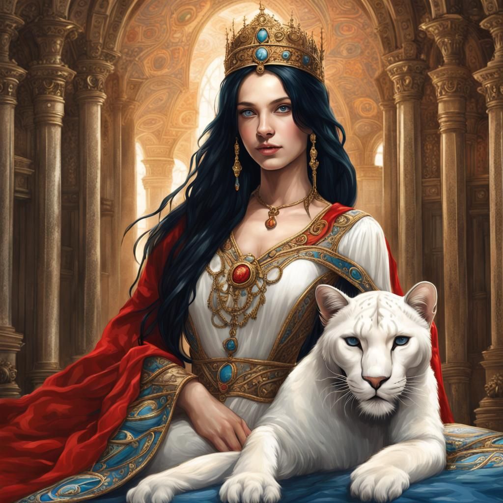 Byzantine Princess with White Panther: Fantasy Art