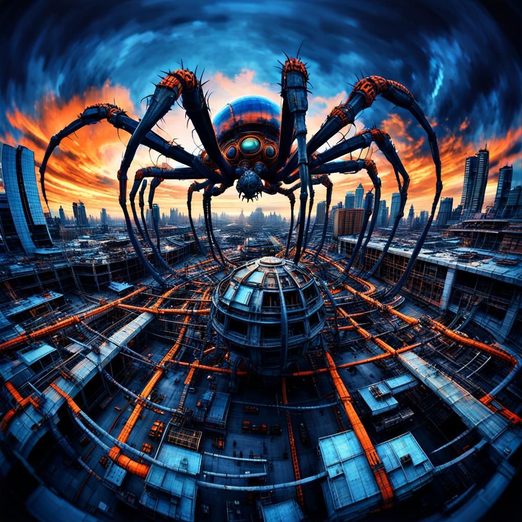 Giant Mechanical Spider Dominates Dystopian Metropolis