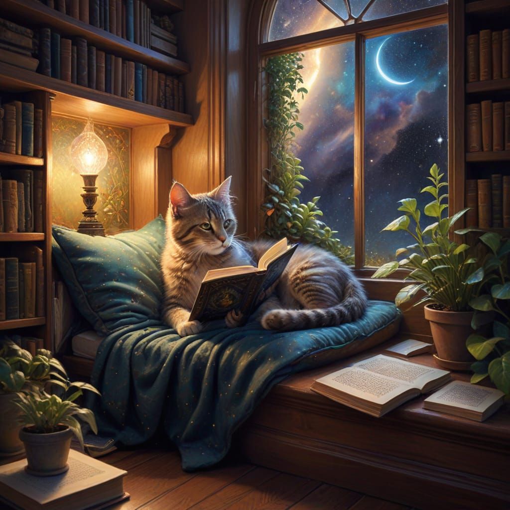 Whimsical Oil Painting of Kitten Reading in Cozy Nook