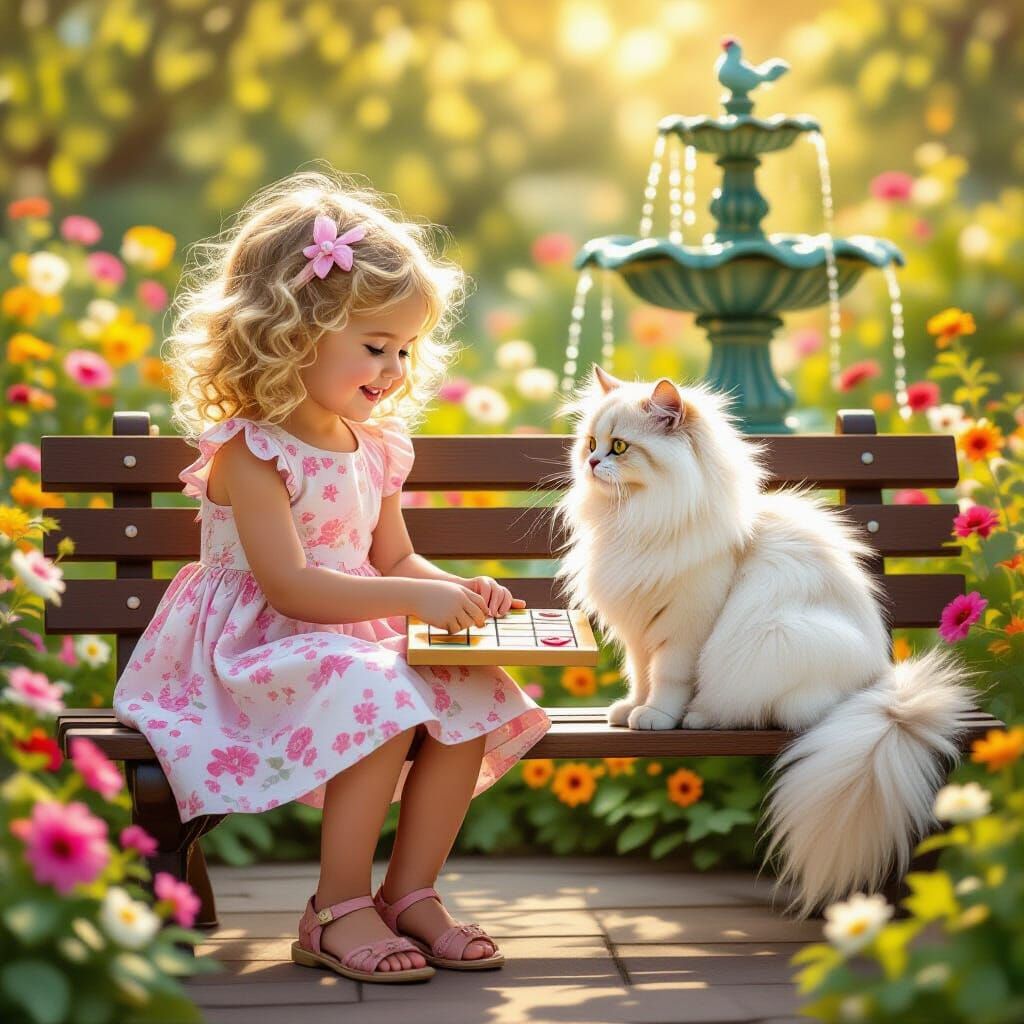 Girl and Cat Play Tic-Tac-Toe in Floral Garden