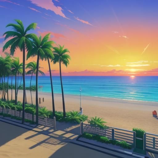 Tropical Beach Sunset in Anime Style