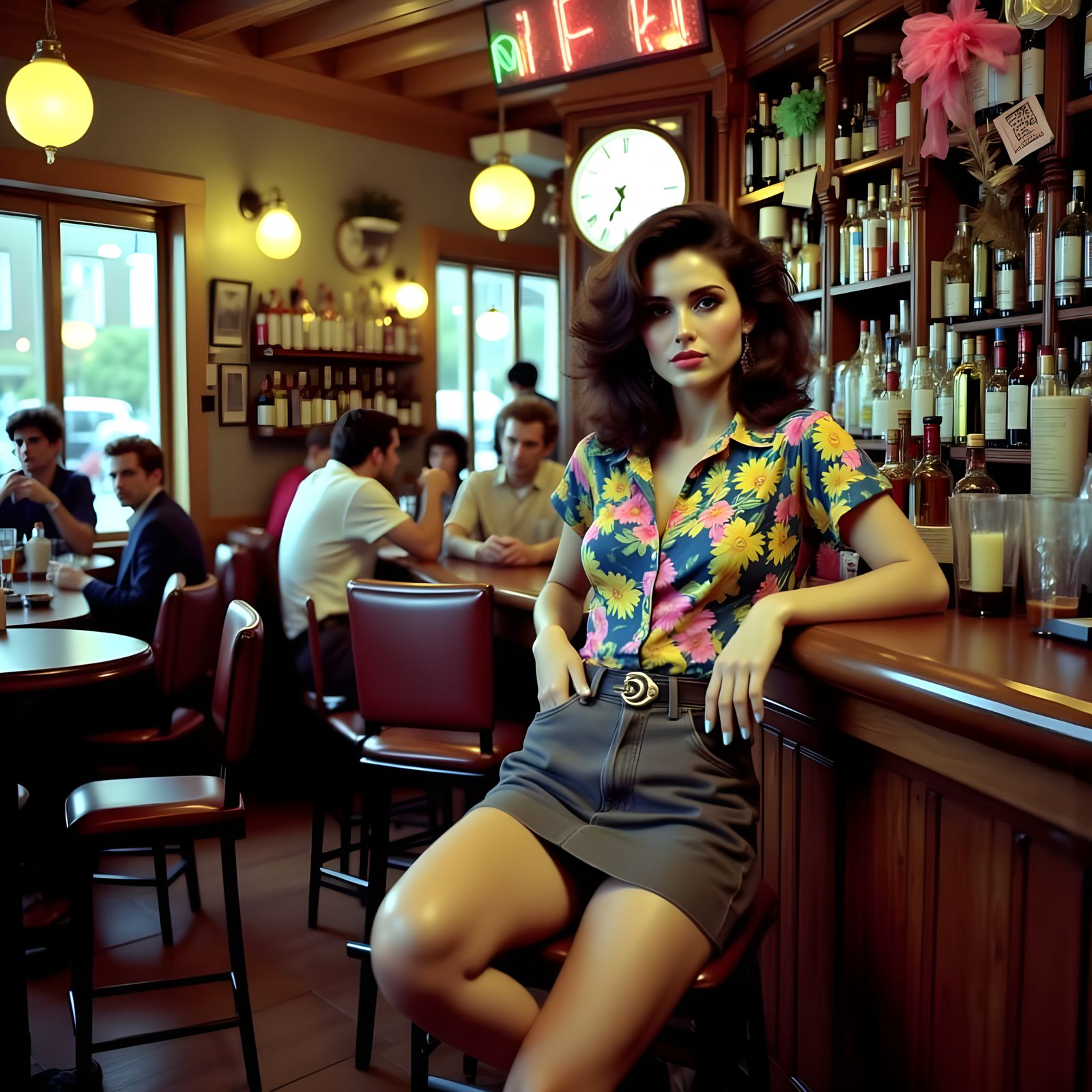 1980s Pub Scene with Sarcastic Woman