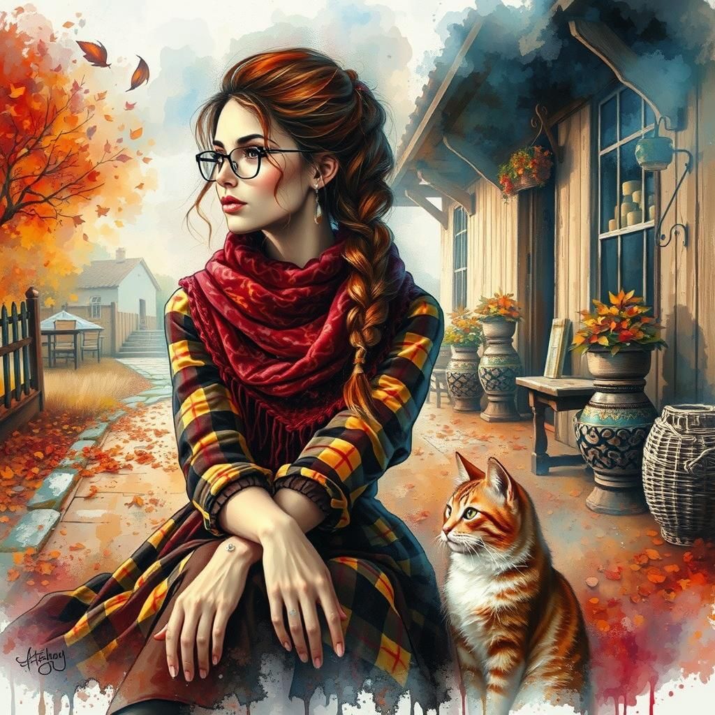 stunning woman, braided red hair, glasses, brown and yellow ...