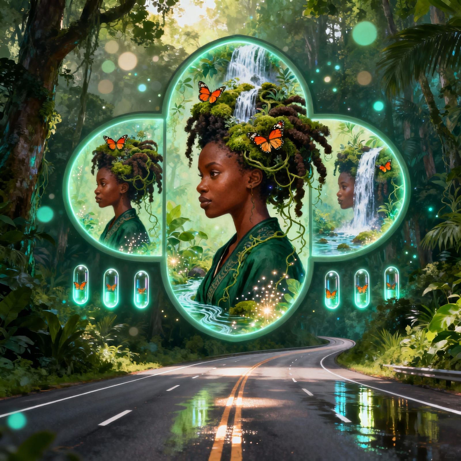 Afrofuturist Highway Through Lush Forest with Mystical Portr...