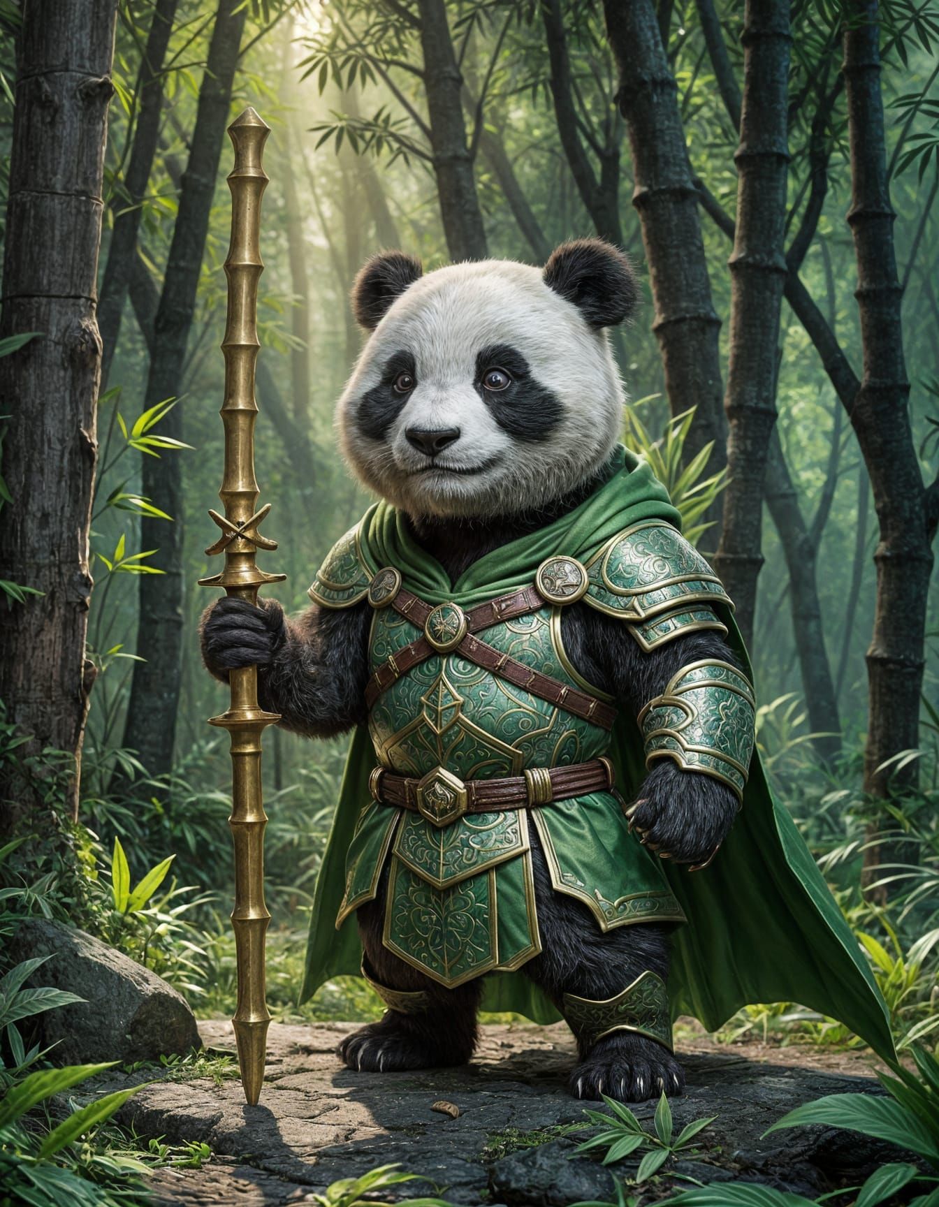 Panda Knight with Bamboo Sword in Forest