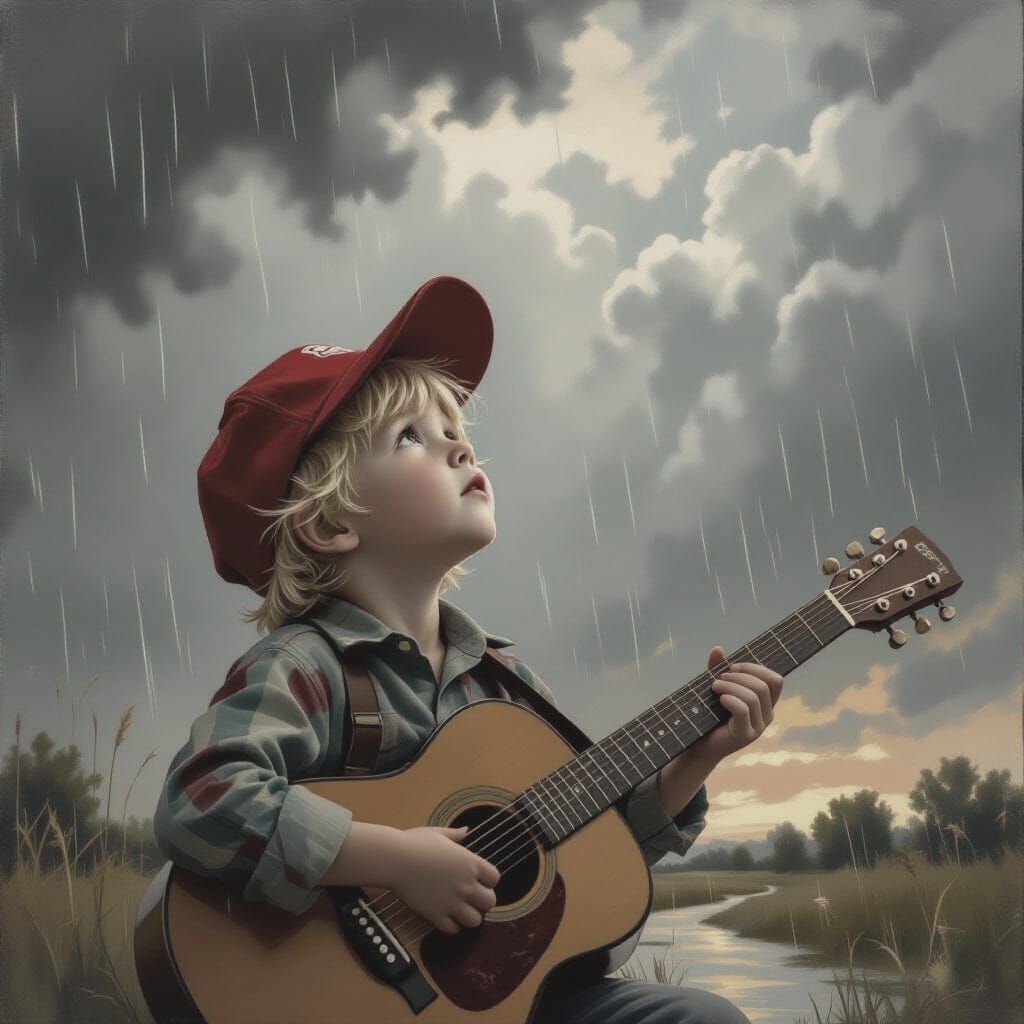 Scared Boy With Guitar in Rain