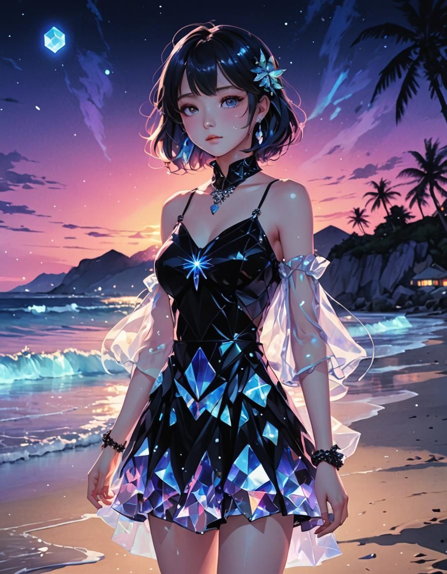 Neon Beach Scene with Holographic Figure