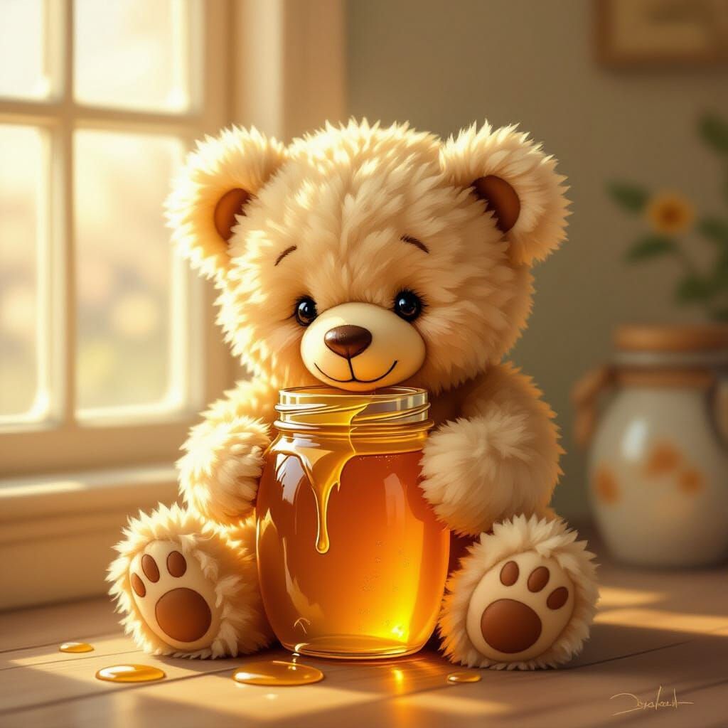 Fluffy Teddy Bear Enjoys Honey Jar Children's Book Style