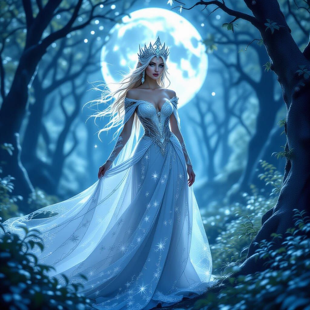 Elven Queen in Silver Forest Under Full Moon