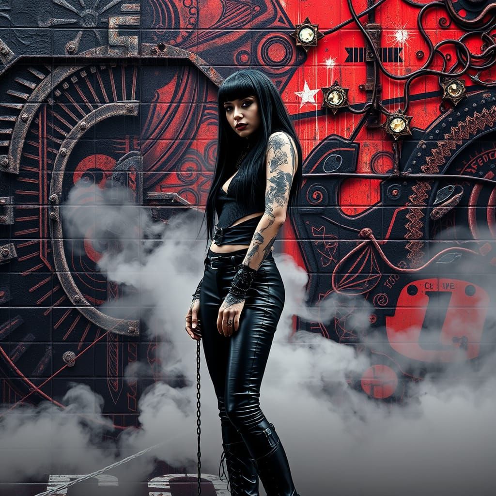 Cyber Goth Model Against Vibrant Street Art Mural
