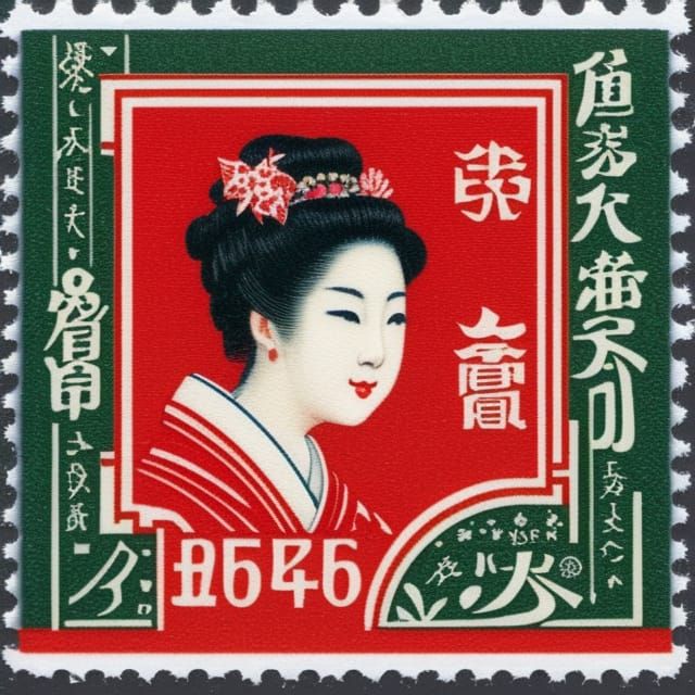 Postage Stamp with Japanese Geisha, done in old school style