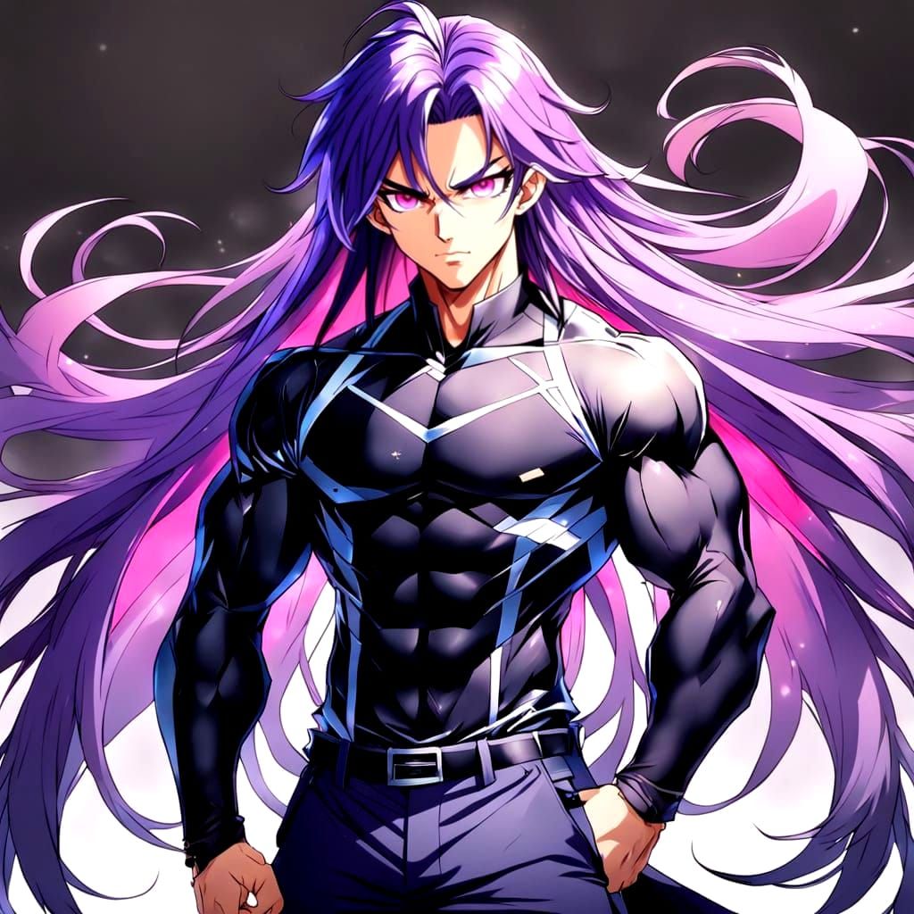 Anime Bishounen with Purple Hair and Pink Eyes
