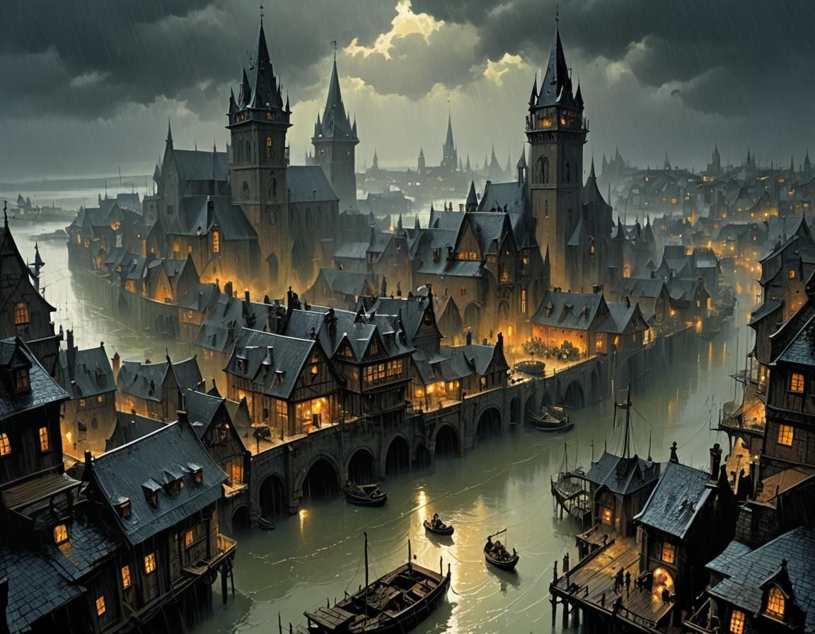 Gothic Medieval Port City in the Rain